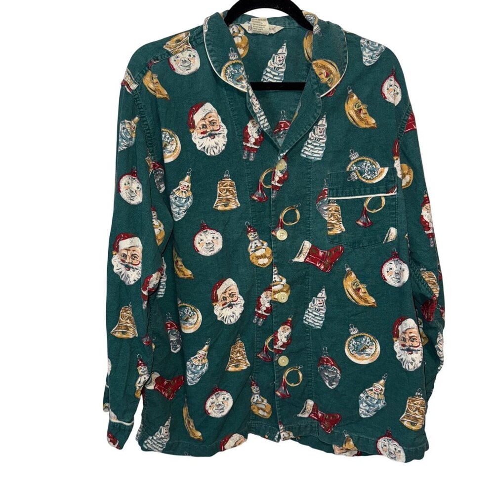 Vintage Banana Republic Green Christmas Pajama Top With Santa & Ornament Print